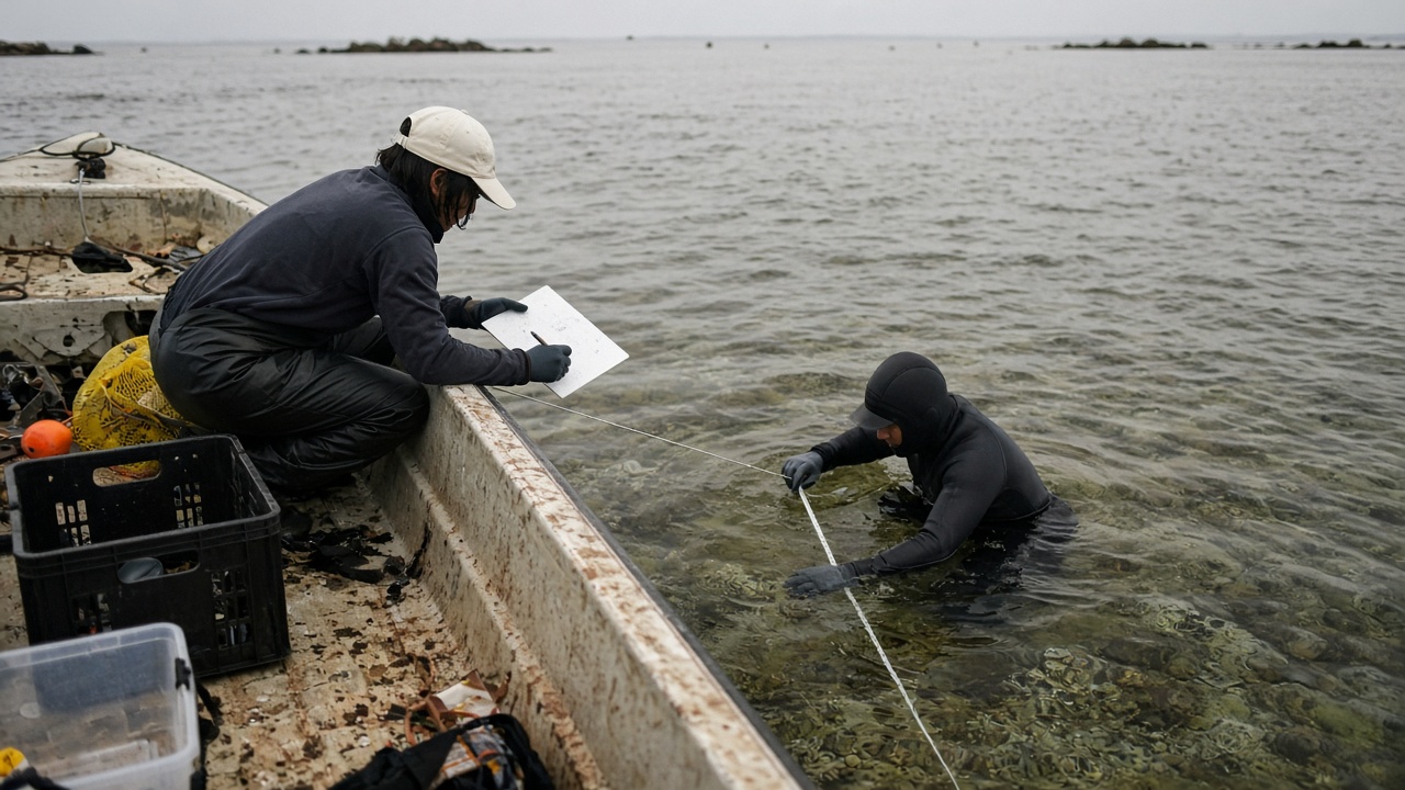 Marine researchers documenting coral transects in shallow Penghu lagoon water from a small survey boat, overcast light, no logos or readable text