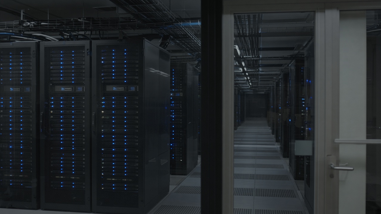 Server room aisle with blue status lights and cable trays, shot through glass without readable labels, no logos