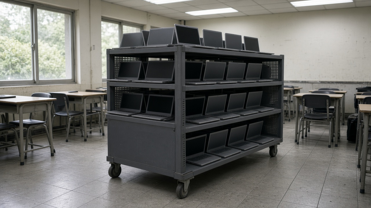 Rows of matte gray laptops on a rolling charging cart in a Taiwanese school computer lab with fluorescent ceiling panels and scuffed tile floor, afternoon light from windows, no logos or readable text.