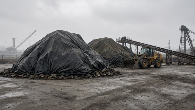 Bulk coal heaps under tarpaulins at a Gujarat port yard with wheel loaders and conveyor belts, humid monsoon haze, grey sky, industrial dust on concrete, no logos or readable text