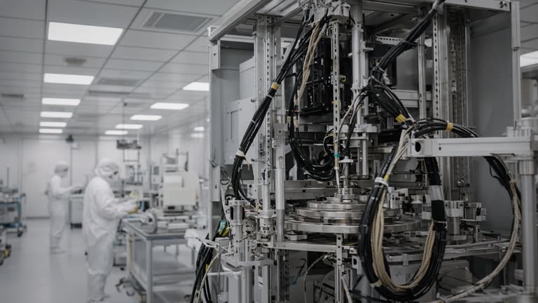 Semiconductor test equipment on a factory floor with cable harnesses and metal racks under flat clean-room panel lighting, technicians in smocks blurred in background, no logos or readable text