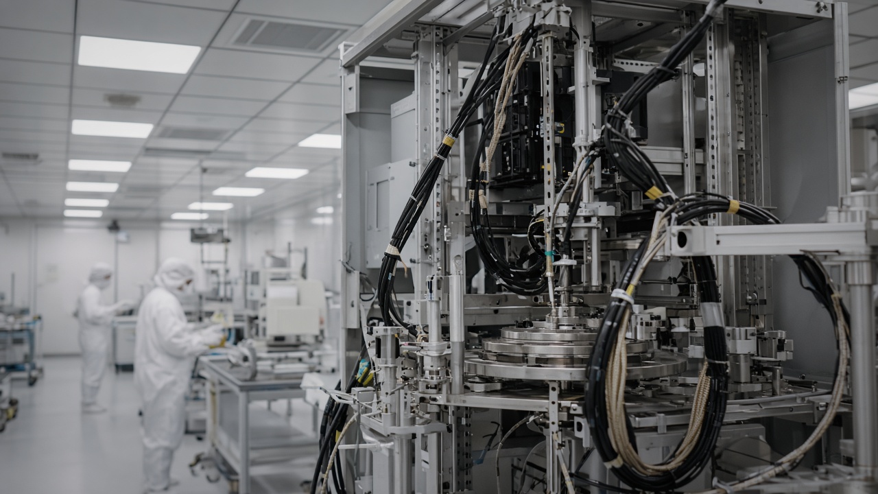Semiconductor test equipment on a factory floor with cable harnesses and metal racks under flat clean-room panel lighting, technicians in smocks blurred in background, no logos or readable text