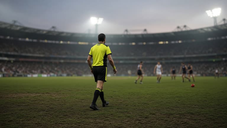 Australian rules football umpire in fluorescent yellow on a vast stadium oval at dusk, players blurred in background, harsh floodlights switching on, worn grass, no logos or readable text.
