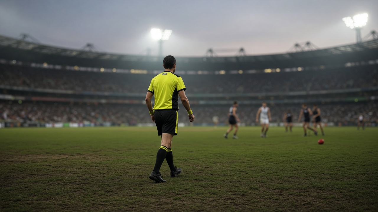 Australian rules football umpire in fluorescent yellow on a vast stadium oval at dusk, players blurred in background, harsh floodlights switching on, worn grass, no logos or readable text.