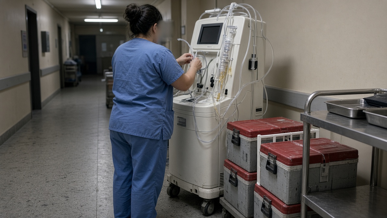 Hospital blood bank corridor with a mobile platelet separator and stacked blood component coolers under cool fluorescent tubes, a nurse in scrubs adjusting tubing seen from behind, scuffed vinyl floor and stainless trays, no logos or readable text