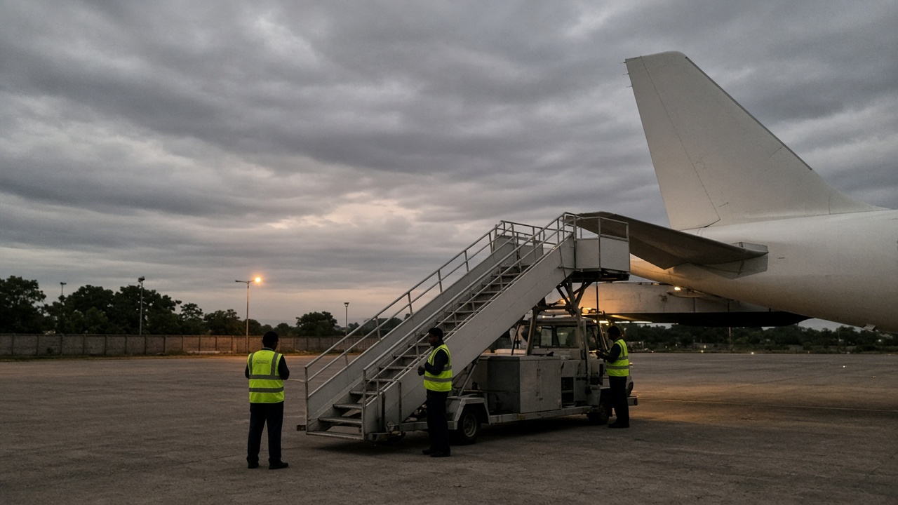 Calicut airport apron at dusk with single-aisle jet boarding stairs and workers in high-visibility vests, warm tarmac light and monsoon clouds, aircraft tail without readable airline markings or logos