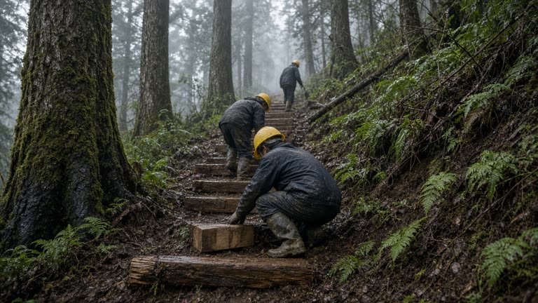 Misty Alishan forest trail with workers in hard hats placing timber steps on a muddy slope, cedar trunks and ferns, overcast light, no logos or readable text