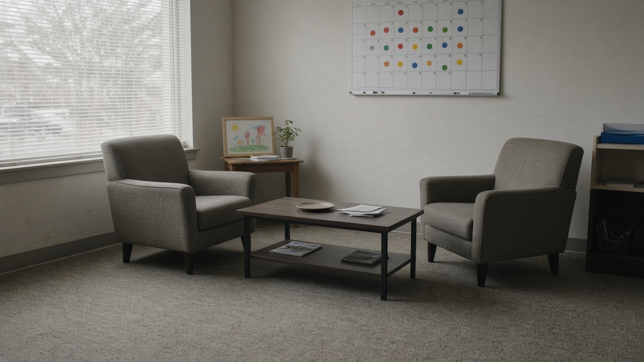 Community counseling room with a wall calendar marked in colored stickers, two chairs facing a low table, soft daylight through blinds, children's drawing on side shelf, no logos or readable text