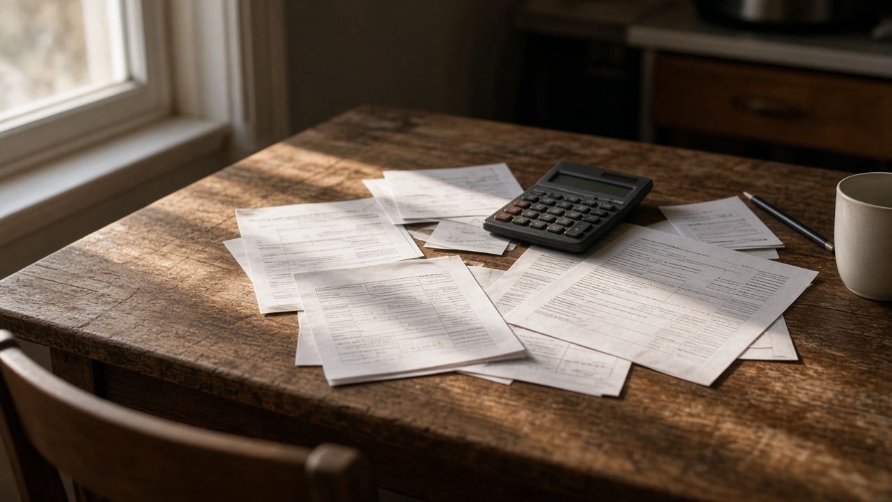 Kitchen table with scattered credit card statements and a calculator under warm afternoon window light, worn timber grain, no logos or readable text
