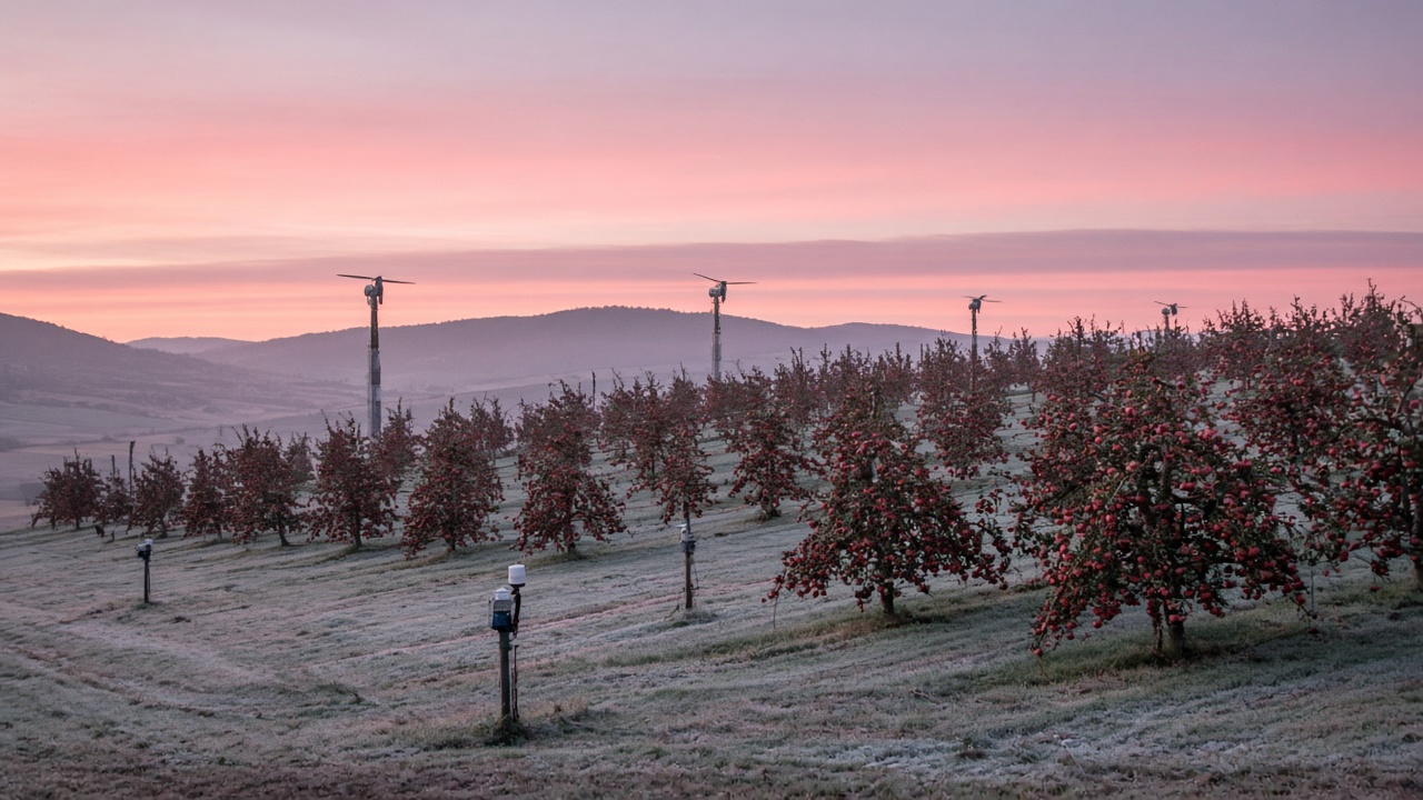 Apple orchard on a hillside at dawn with thin ice on grass and small weather sensors on posts, soft pink sky, frost fans silent in background, no logos or readable text.