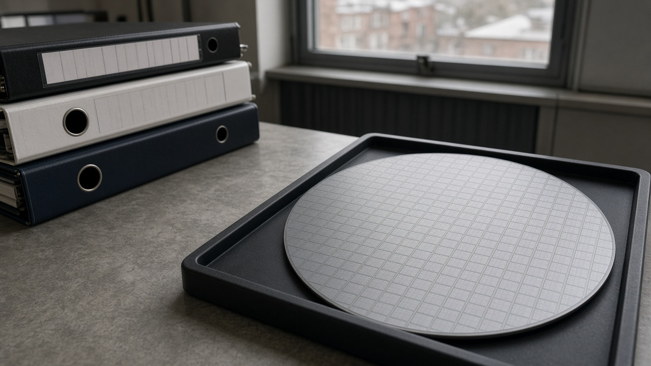 Close view of a silicon wafer on an antistatic tray in a modest Cambridge office meeting room with binders on the table, flat window light, no logos or readable text.