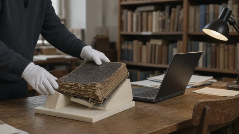 University archive reading room with cotton gloves, a bound colonial-era ledger on foam cradles, and a laptop with the screen angled away, warm desk lamp and dusty wooden shelves, no logos or readable text