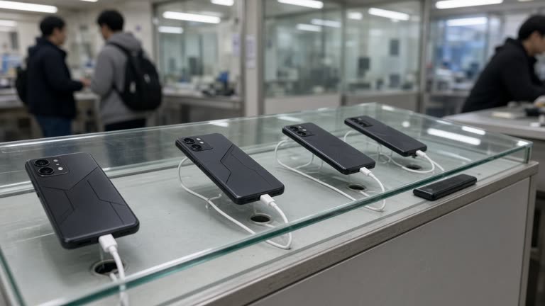 Retail display of gaming smartphones on a carrier shop counter in Taipei with tempered glass and cable demos under cool fluorescent light, shoppers blurred in background, no logos or readable text