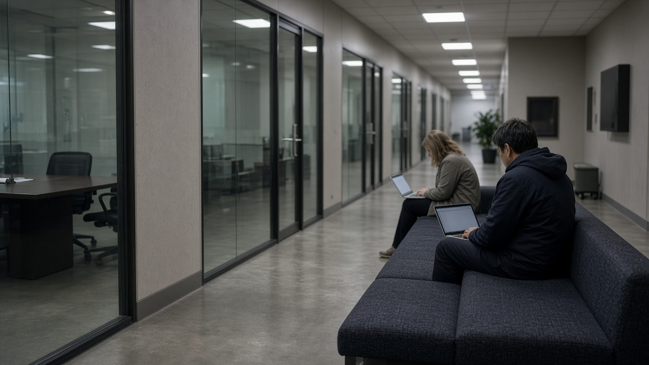 Government office corridor in Canberra with glass meeting rooms and laptops on a bench, cool fluorescent light, no readable screens or logos