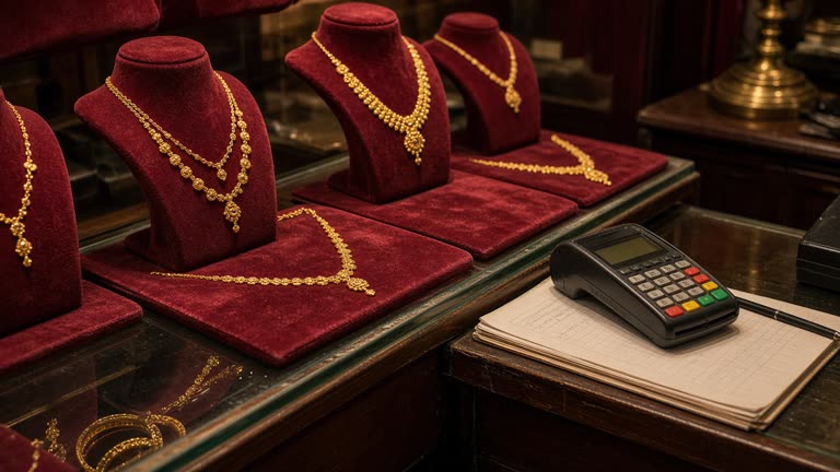 Gold necklaces displayed on burgundy velvet inside a Jaipur jewellery shop, a card terminal and handwritten ledger on the glass counter under warm tungsten light, no logos or readable text
