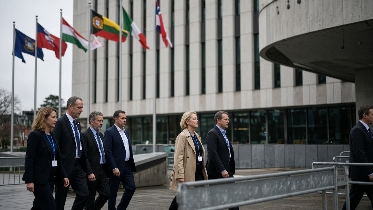 Australian delegation walking past the UN General Assembly facade in overcast daylight, suits and lanyards, flags blurred, security barriers, no readable signage, wire-service perspective