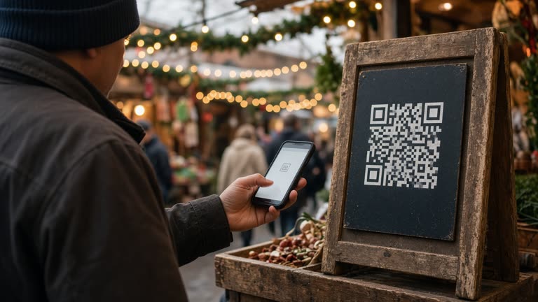 Shopper holding a smartphone over a merchant QR stand at a festive market stall, warm evening light, garlands blurred in background, screen glow without readable text or bank logos