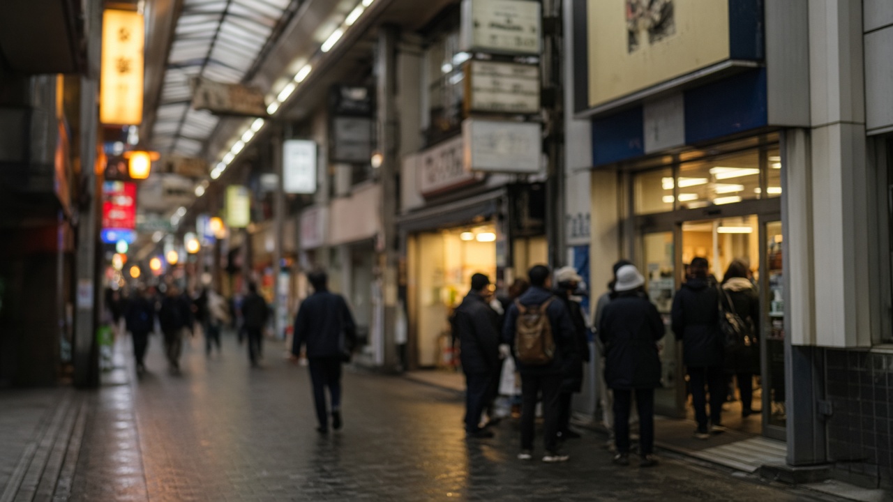 Narrow Tokyo arcade street at dusk with game-center facades and colored sign boxes blurred, pedestrians clustered at an entrance, sodium and LED mix, no logos or readable text.