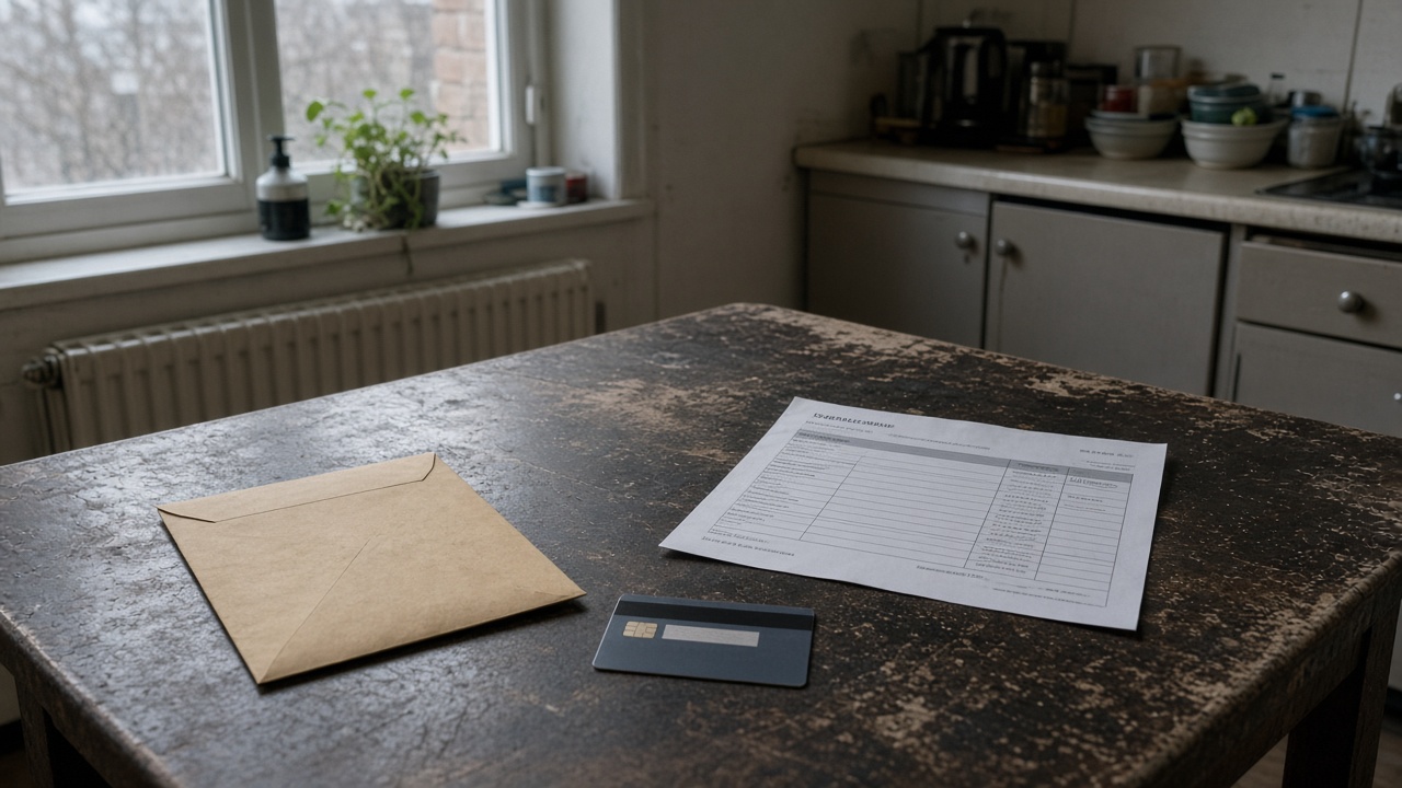 A kitchen table in a UK flat with an envelope of unopened post, a contactless credit card face-down beside a paper bank statement, cool morning light from a window, no readable account numbers or logos
