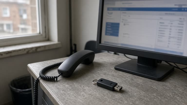 Small business office desk with USB security key beside a corded phone handset and monitor showing a blurred banking portal, afternoon window light, scuffed laminate surface, no logos or readable text