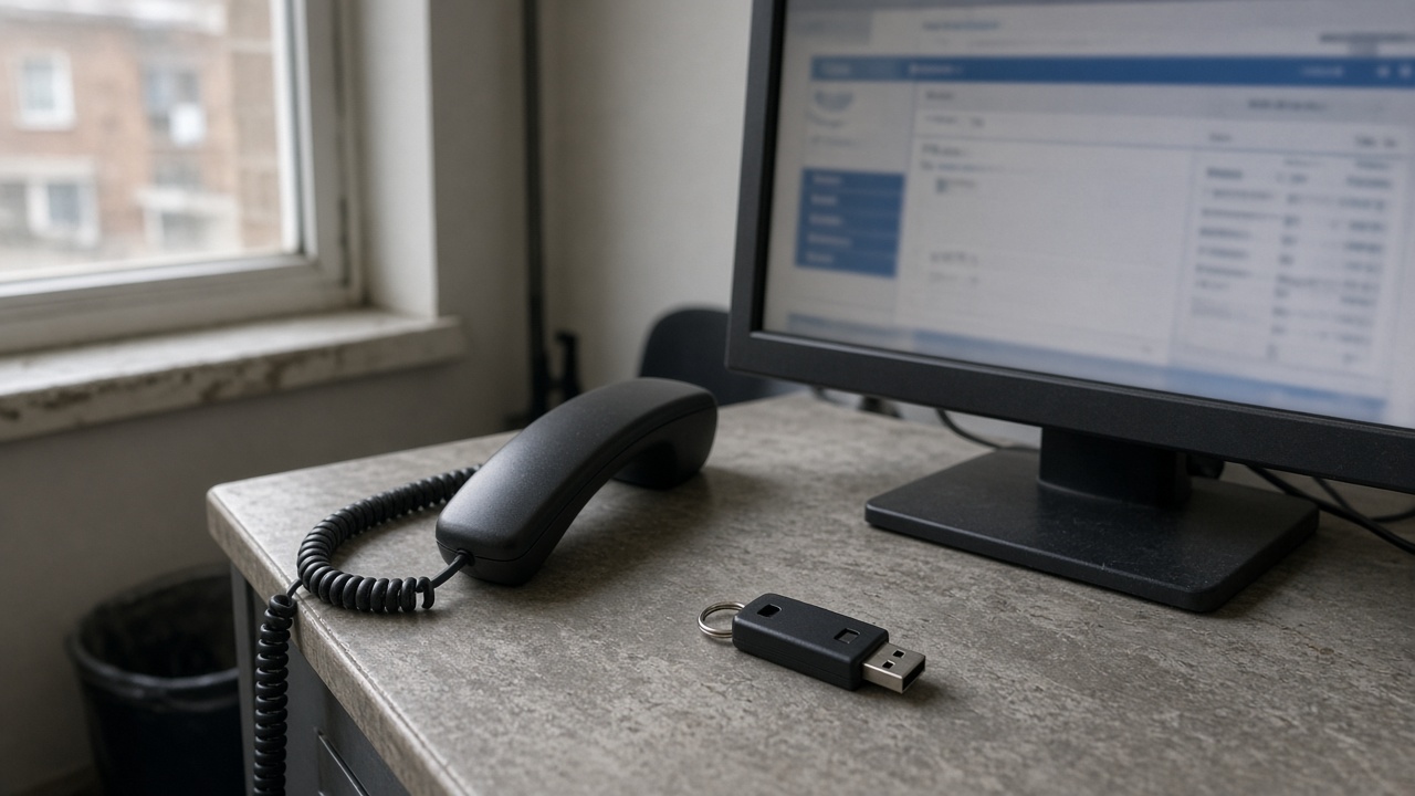 Small business office desk with USB security key beside a corded phone handset and monitor showing a blurred banking portal, afternoon window light, scuffed laminate surface, no logos or readable text