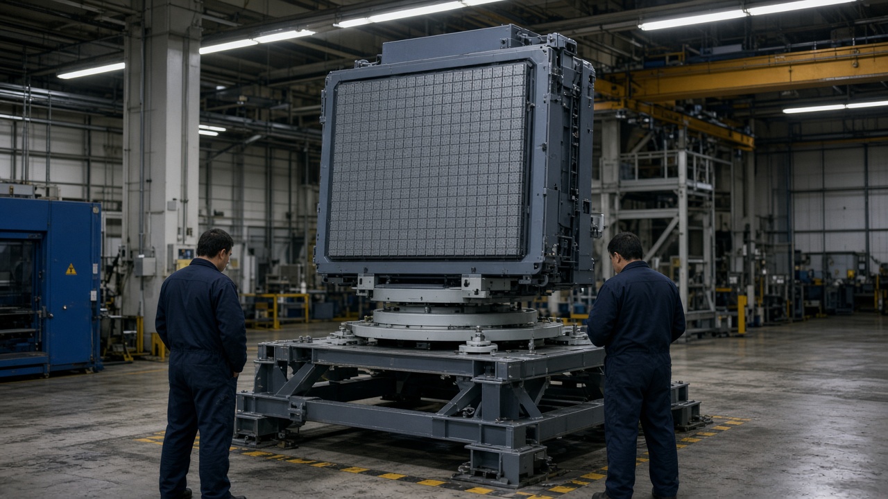 Naval radar array module on a factory test stand inside a high-bay workshop, technicians in coveralls with faces turned away, cool fluorescent light on painted steel floor, no logos or readable text