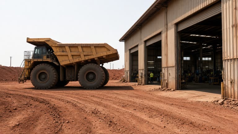 Massive yellow mining haul truck parked beside a dusty Pilbara maintenance workshop with open roller doors, harsh midday sun, red earth and tire ruts, workers in high-vis at a distance, no logos or readable text