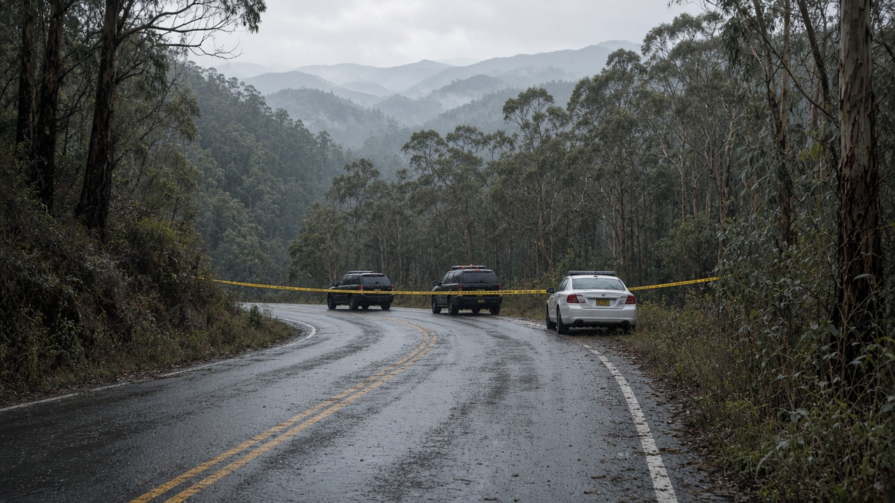 Blue Mountains ridge road cordoned with police tape and parked patrol cars, eucalyptus forest in background, overcast afternoon light, wet asphalt, no logos or readable text