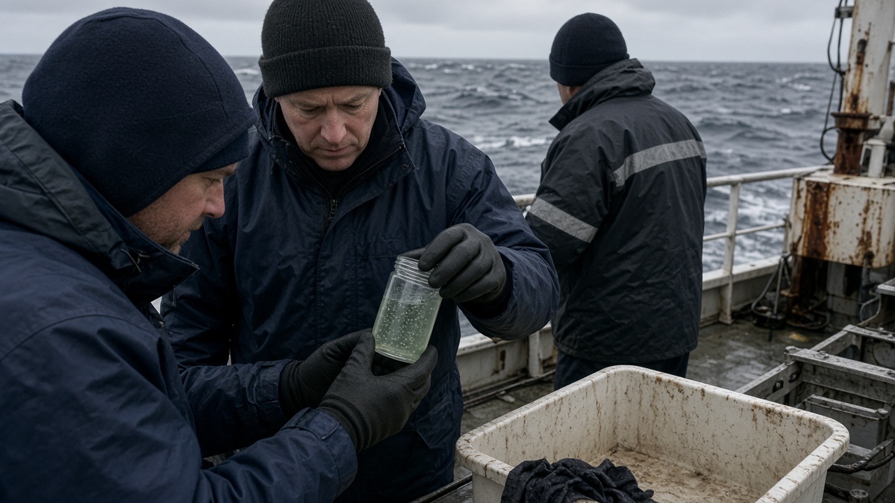 Research vessel crew handling a small plankton sample jar on a wet deck with grey Tasman Sea swell in background, overcast light, no logos or readable text