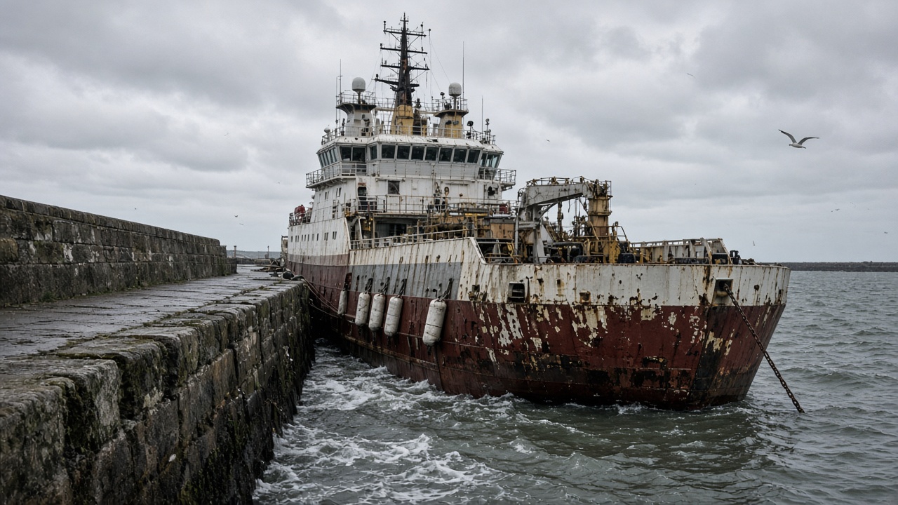 North Sea supply vessel moored near Aberdeen harbour wall on grey afternoon light, rust-streaked hull, seagulls, choppy water, no logos or readable text