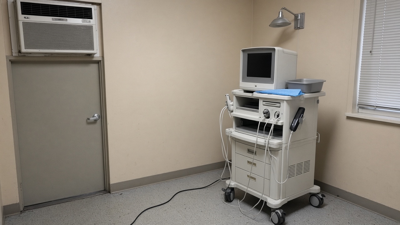 Portable medical imaging cart in a small rural Queensland clinic room with beige walls and a window air unit, no readable monitors or logos