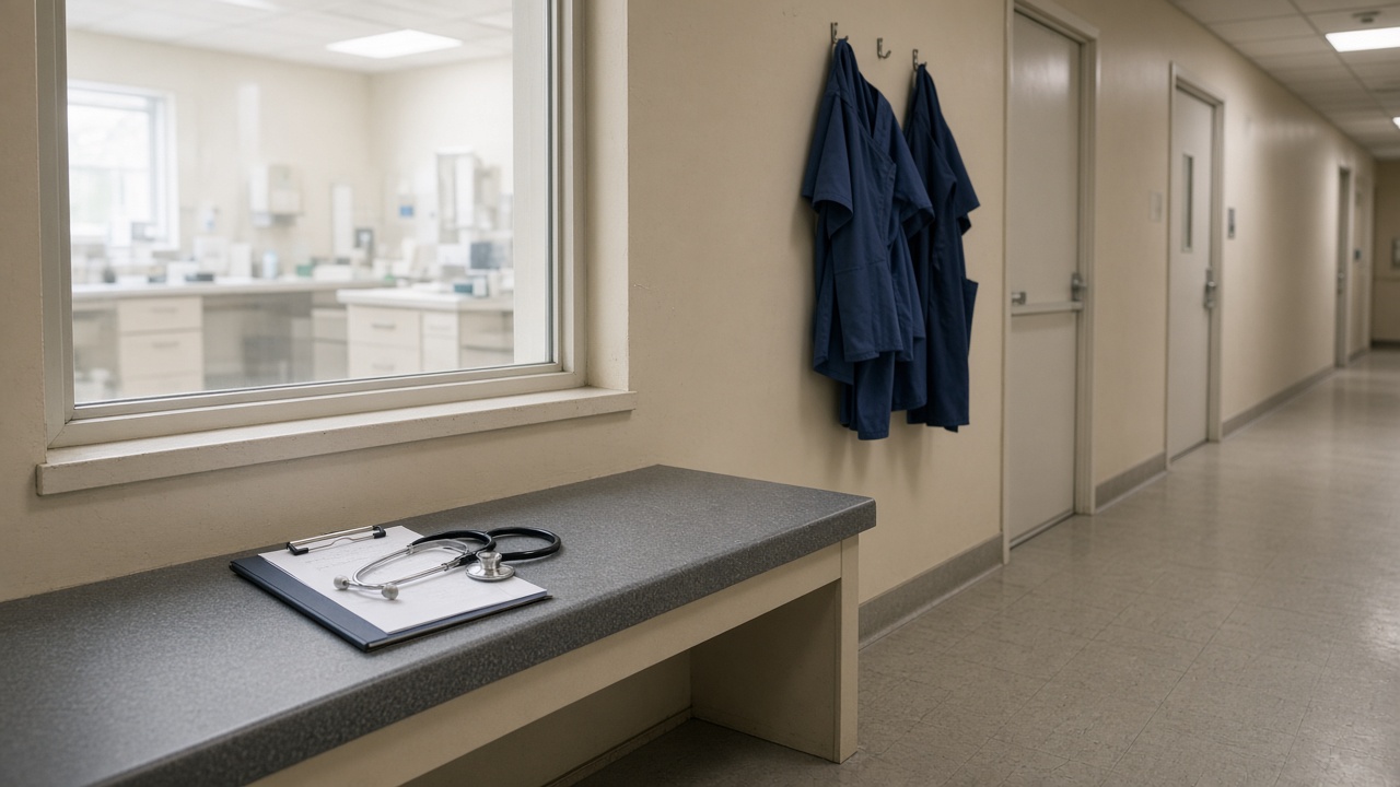 Veterinary teaching hospital corridor with student clipboard on bench beside stethoscope and scrub tops on hooks, window daylight, no logos or readable text