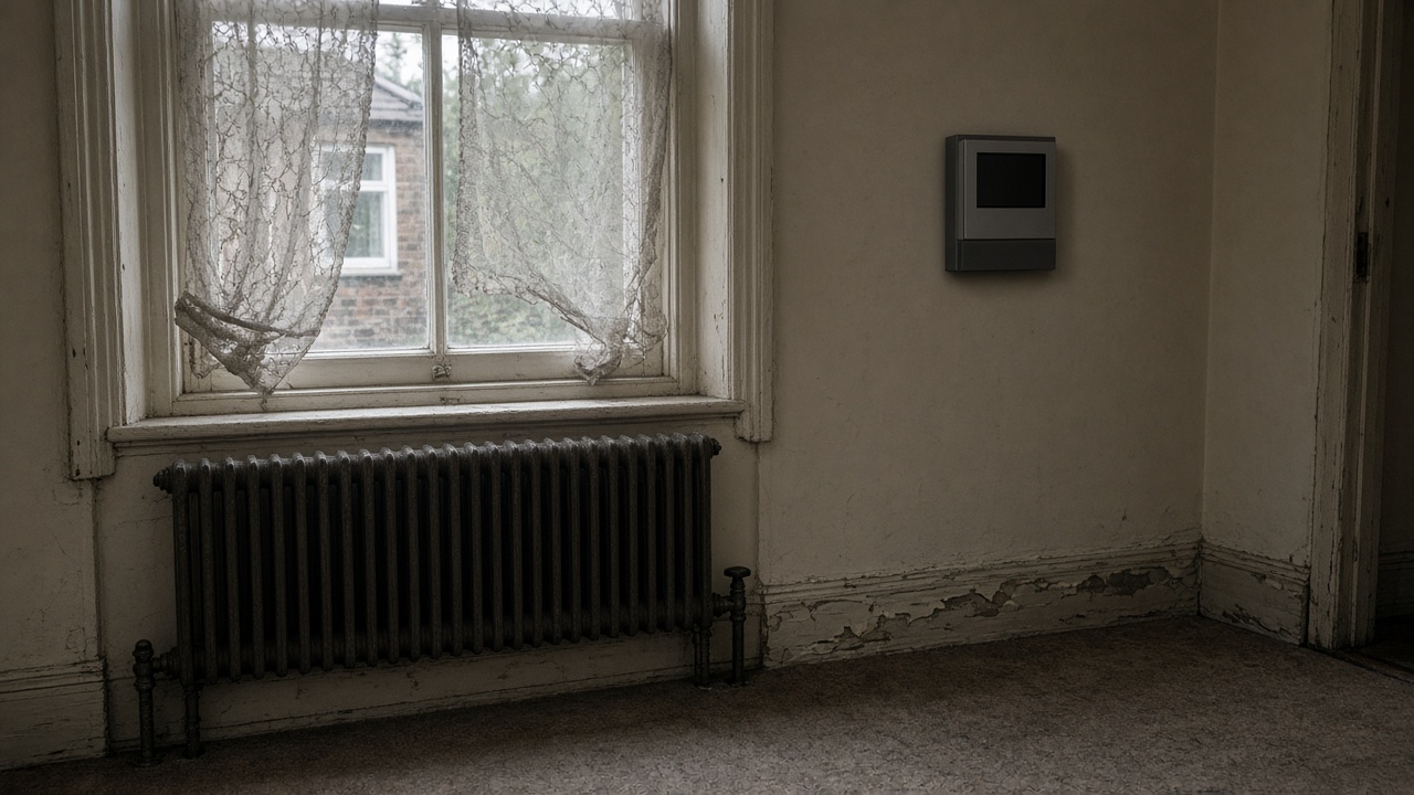 A terraced house front room in England with a wall-mounted smart meter display and a cast-iron radiator under a sash window, grey daylight through net curtains, worn carpet and scuffed skirting boards, no logos or readable text