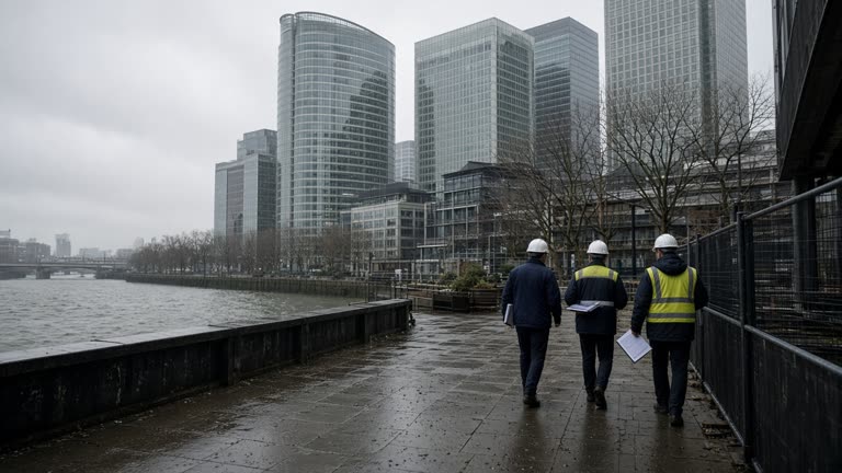 Canary Wharf office towers on an overcast morning, workers with hard hats and clipboards on a riverside walkway, wet paving, muted glass reflections, no logos or readable text