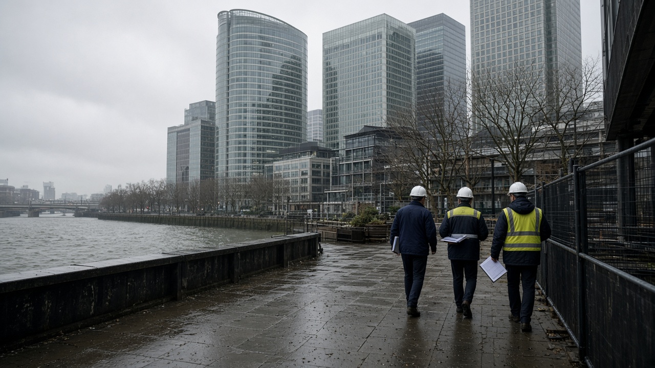 Canary Wharf office towers on an overcast morning, workers with hard hats and clipboards on a riverside walkway, wet paving, muted glass reflections, no logos or readable text