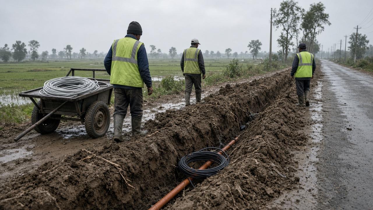 Muddy roadside trench with orange conduit and coiled fibre cable beside a handcart, overcast Assam valley light, workers in high-visibility vests with backs to camera, no logos or readable text