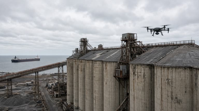 Great Lakes grain elevator silos with a survey drone hovering near a patched roof membrane under overcast sky, rusted catwalks and lake freighter in the distance, no logos or readable text