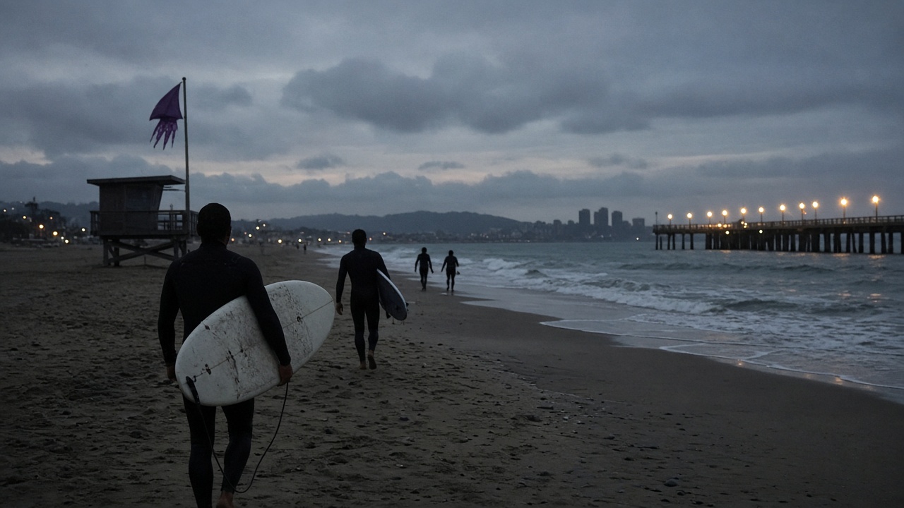 Pre-dawn Busan beach with surfers in wetsuits carrying boards toward gentle surf, purple jellyfish warning flag on lifeguard stand, sodium vapor pier lights, no logos or readable text