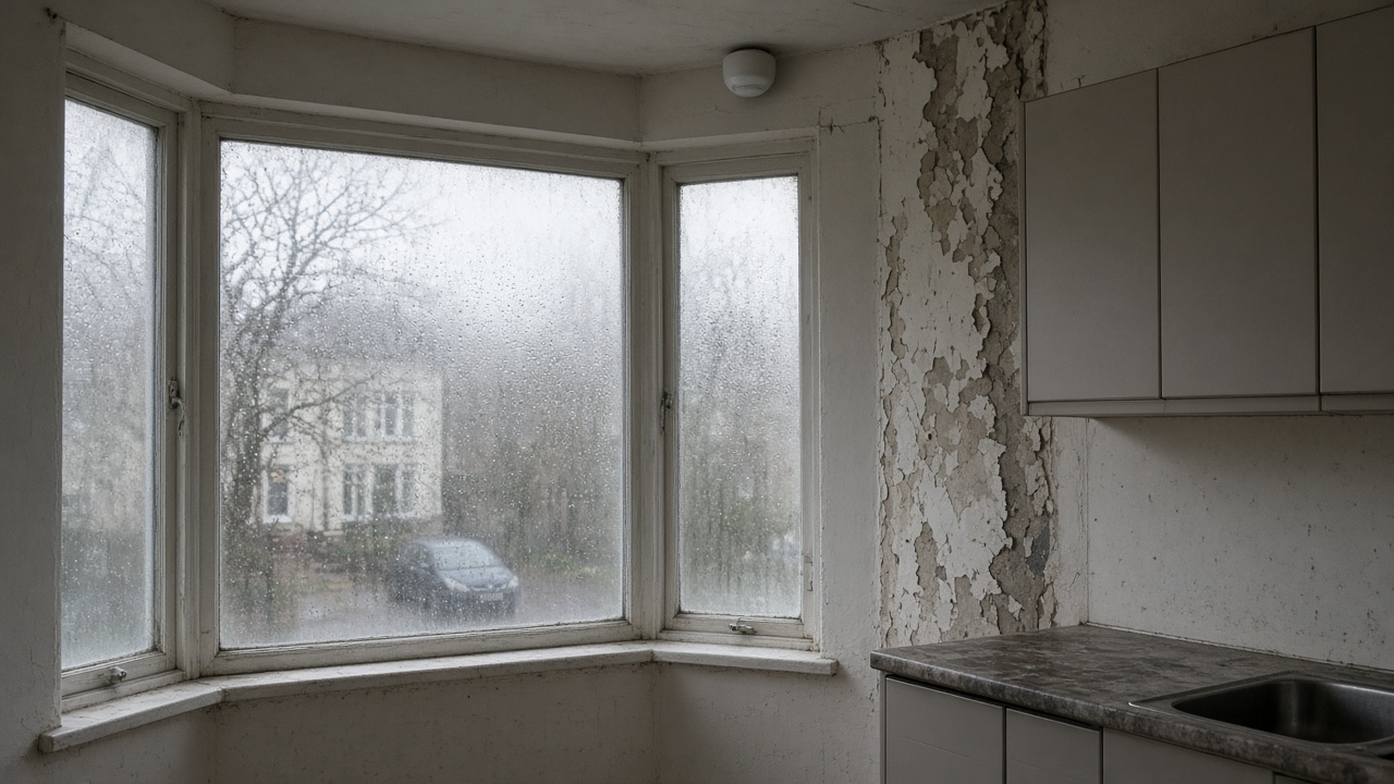 Small white humidity sensor mounted near a Cardiff rented flat kitchen ceiling with condensation on a bay window, grey daylight, peeling paint edge, no logos or readable text.