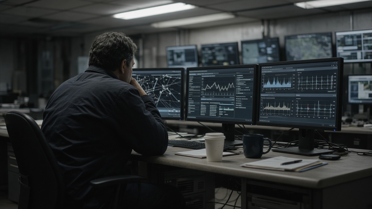 Telecom network operations center with rows of dim monitors showing signal graphs, engineer at a desk under overhead fluorescents, cables and coffee cups, no logos or readable text