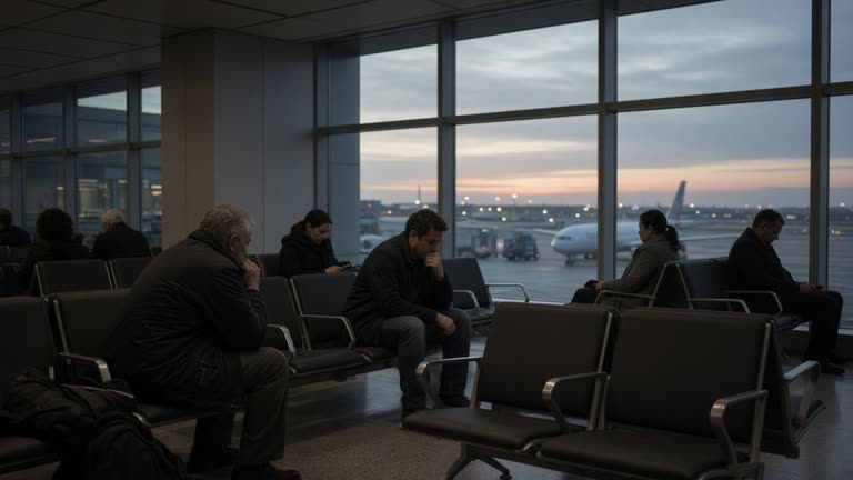 Passengers waiting in a subdued airport lounge with upholstered chairs and floor-to-ceiling windows overlooking the tarmac at dusk, soft terminal lighting, no logos or readable text