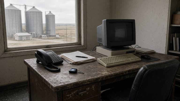 Rural grain co-operative office with a desktop computer and small hardware security token on a worn desk, wheat silos visible through dusty window under overcast sky, no logos or readable text