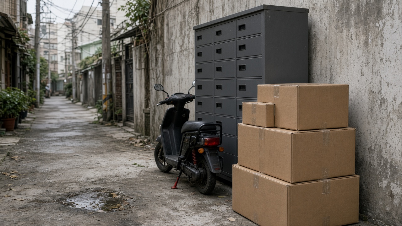 Residential alley in Taipei with stacked cardboard delivery boxes beside a metal parcel locker under overcast afternoon light, delivery scooter parked nearby, worn concrete pavement, no logos or readable text