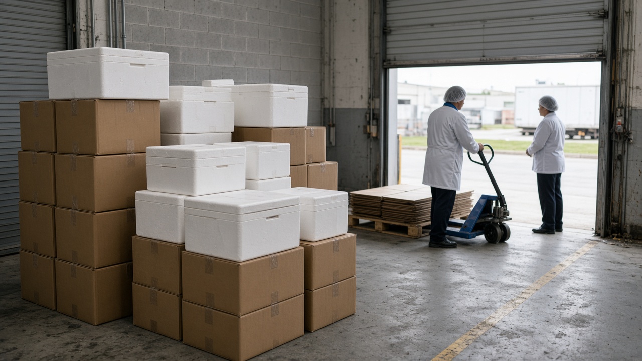 Cardboard shipping boxes with foam coolers on a pharmaceutical warehouse loading dock, workers in hairnets wheeling a pallet jack, overcast daylight through open bay door, no logos or readable text
