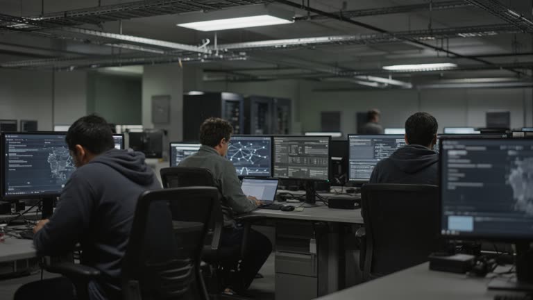 Cybersecurity staff at a dim SOC with multiple monitors showing blurred network diagrams and incident tickets, fluorescent overhead light and cable trays, no logos or readable text on screens