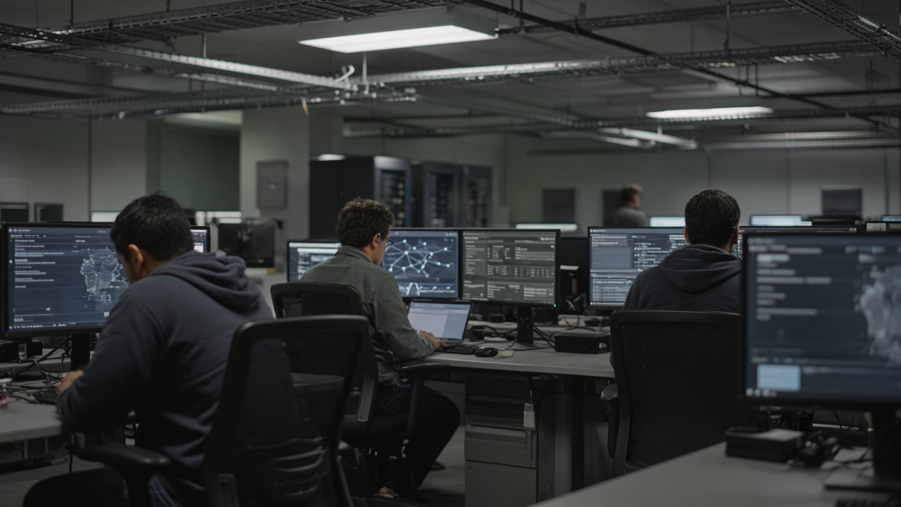 Cybersecurity staff at a dim SOC with multiple monitors showing blurred network diagrams and incident tickets, fluorescent overhead light and cable trays, no logos or readable text on screens