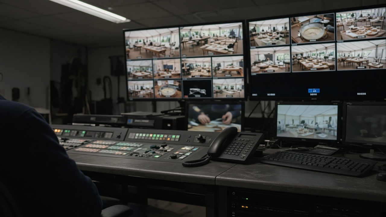 Television gallery control desk with multiview monitors showing baking tent feeds and broadcast timer, dim overhead lighting, no logos or readable text