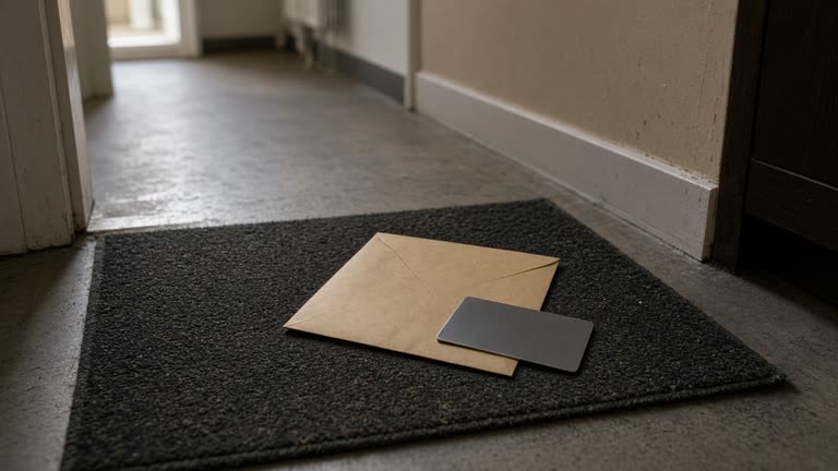 Plain courier envelope and unbranded metal bank card on a doormat in a UK flat hallway, soft daylight, no logos or readable text
