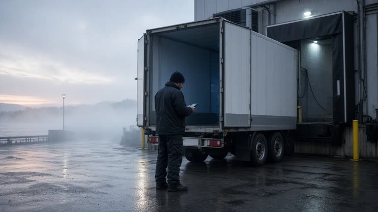 Refrigerated semi-trailer backed into a chilled loading dock at dawn, driver checking a handheld temperature logger, coastal fog, wet asphalt, no logos or readable text.