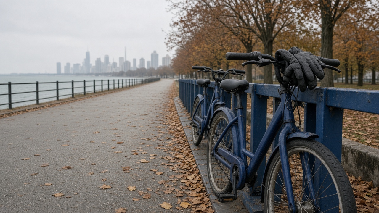 Blue bicycle-share dock with several bikes, lakefront paved path with leaf litter, overcast autumn morning, distant skyline haze, worn rubber grips, cyclist gloves on handlebar, no logos or readable text
